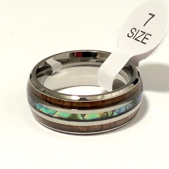Ring with  Koa Wood, and Abalone Shell Inlay. Sz 7 - Picture 2 of 4